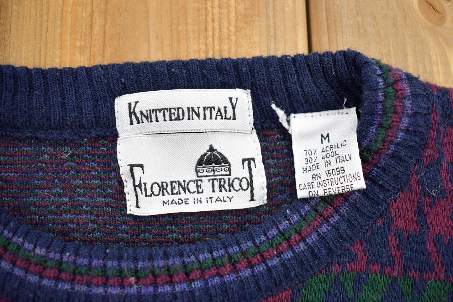 Vintage 1990s Florence Tricot Knitted Wool Crewneck Sweater / Vintage 90s Crewneck / Patchwork / Made In Italy / Sweatshirt / Abstract Knit