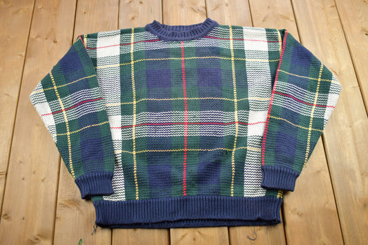 Vintage 1990s Hunt Club Plaid Knitted Crewneck Sweater / Vintage 90s Crewneck / All Over Pattern / Colorful / Sweatshirt / Abstract Pattern