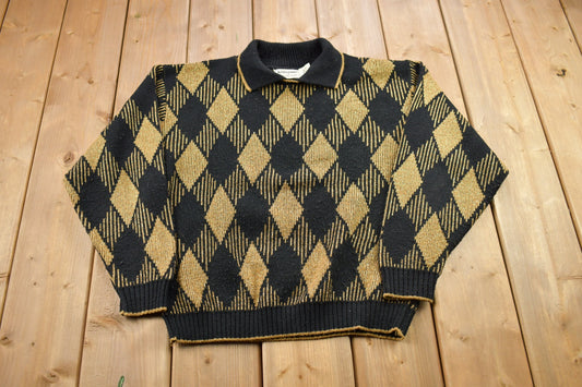 Vintage 1990s Alfred Dunner Knitted Collared Sweater / Vintage 90s Sweater / All Over Pattern / Made In USA / Sweatshirt / Abstract Pattern