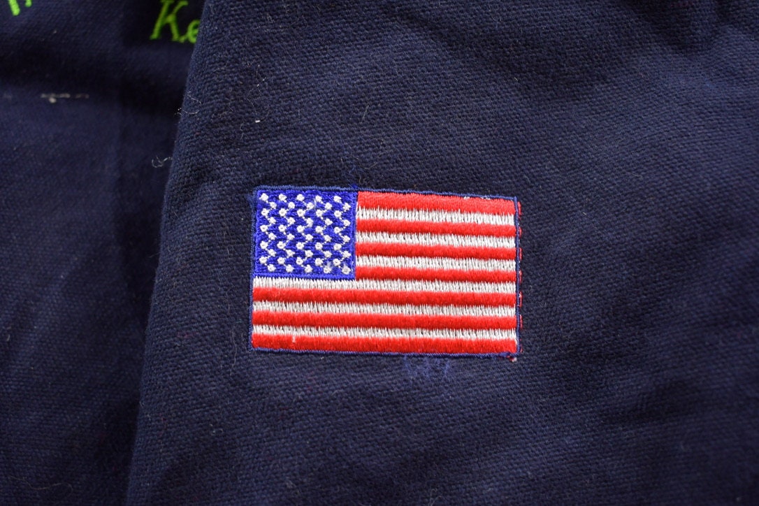 Vintage 1990s Carhartt Hooded Canvas Jacket / Embroidered Inviso Services / Workwear / Streetwear / 1990 / Embroidered USA Flag / Outerwear