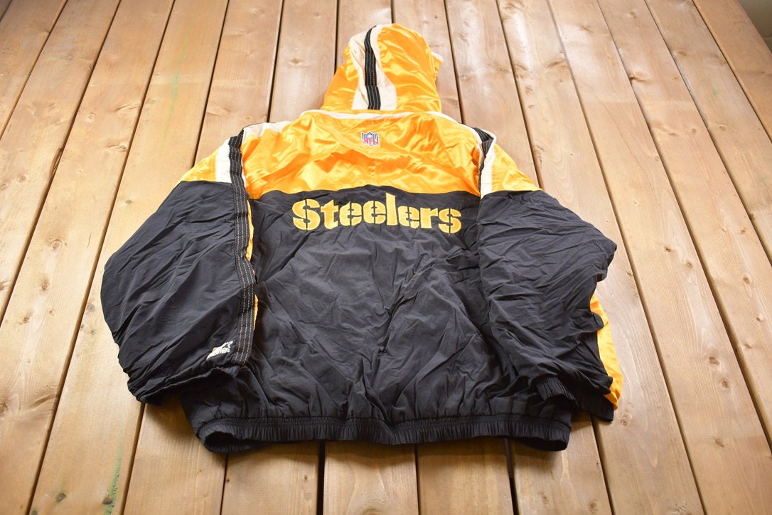 Vintage 1990s Pittsburgh Steelers Starter Hooded Jacket / Embroidered / Distressed / Sportswear / Streetwear / Steeler Nation / NFL