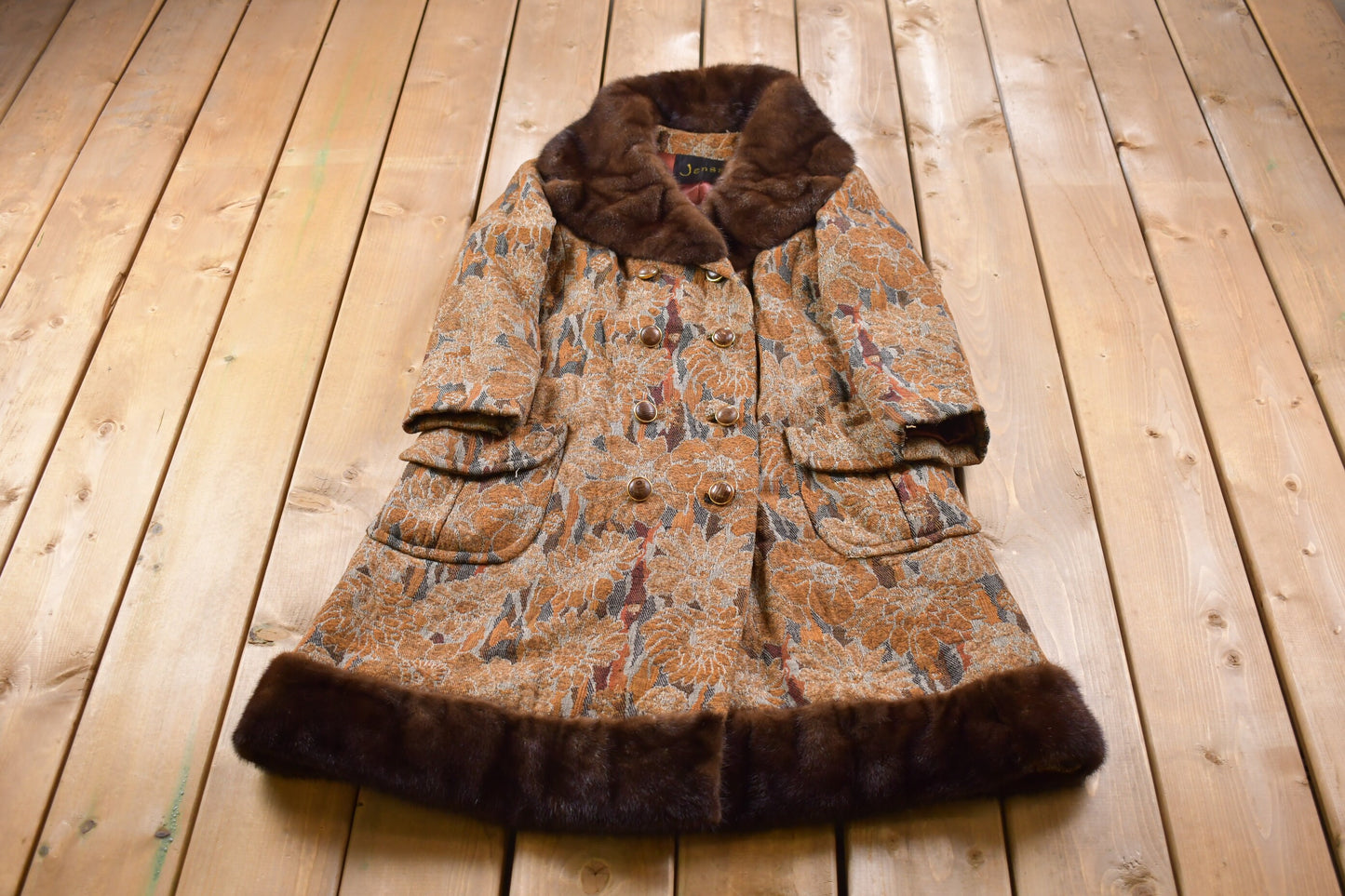 Vintage 1960s Heidi New York Jenss Flower Pattern Beaver Fur Accent Coat  / Genuine Leather / Winter Outerwear / True Vintage