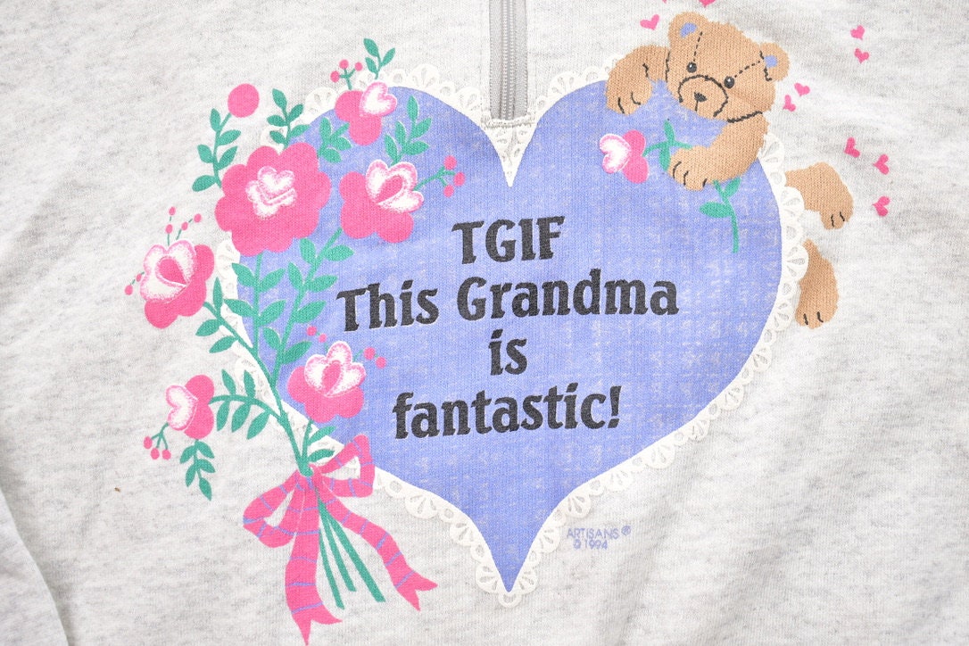 Vintage 1994 TGIF Grandma Quarter Zip Crewneck Sweater / 90s Crewneck / Grandma Sweater / Streetwear / Floral Theme / Animal Theme