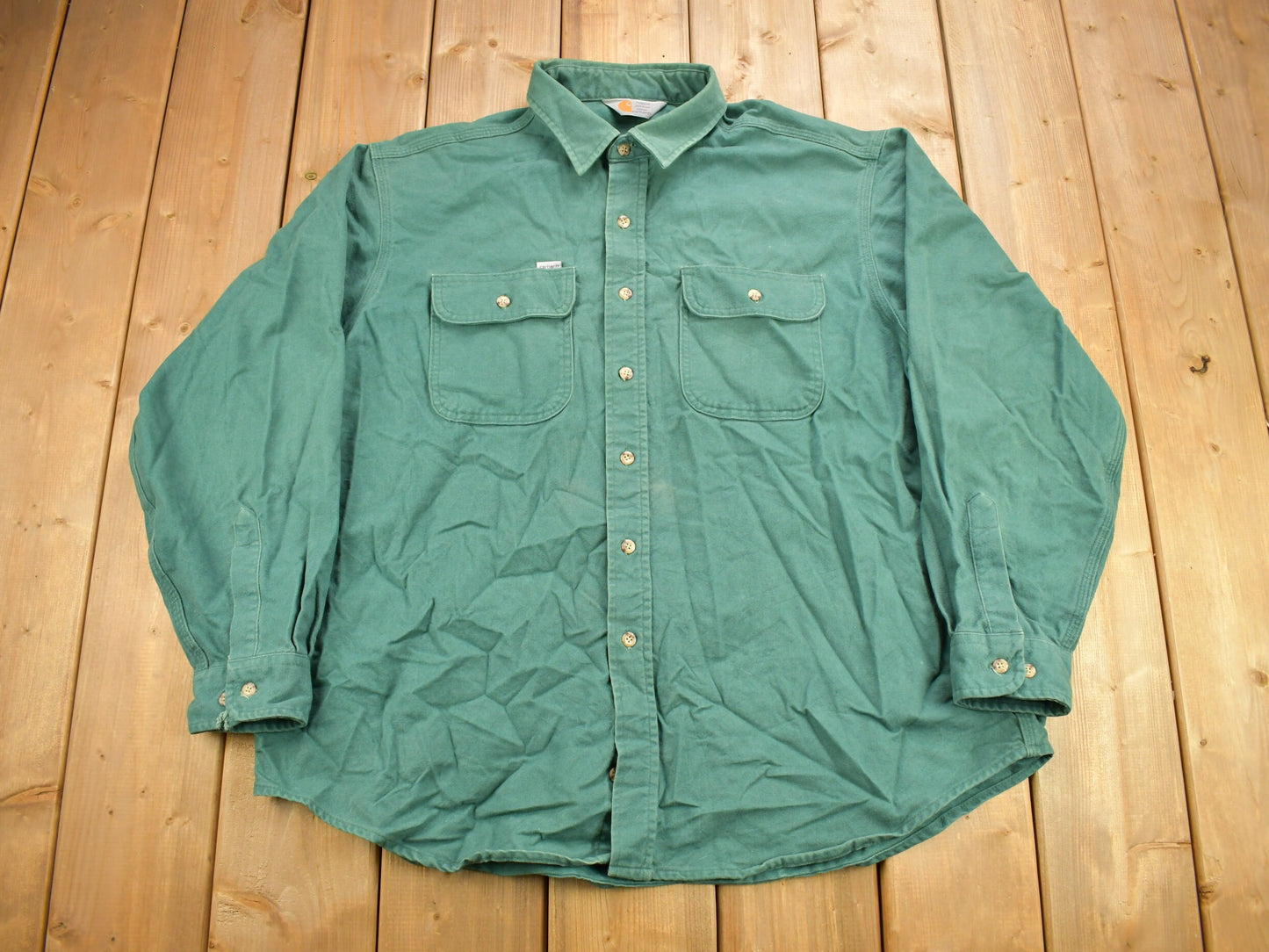 Vintage 1990s Carhartt Rugged Outdoor Wear Button Up Shirt / 1990s Button Up / Vintage Workwear / Sun Faded / Made In USA