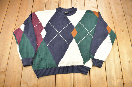 Vintage 1990s New River Argyle Knitted Crewneck Sweater / Vintage 90s Crewneck / All Over Pattern / Colorful Sweatshirt /