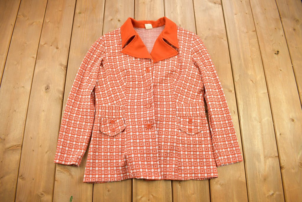 Vintage 1960s Orange Geo Metric Pattern Button Up Overcoat