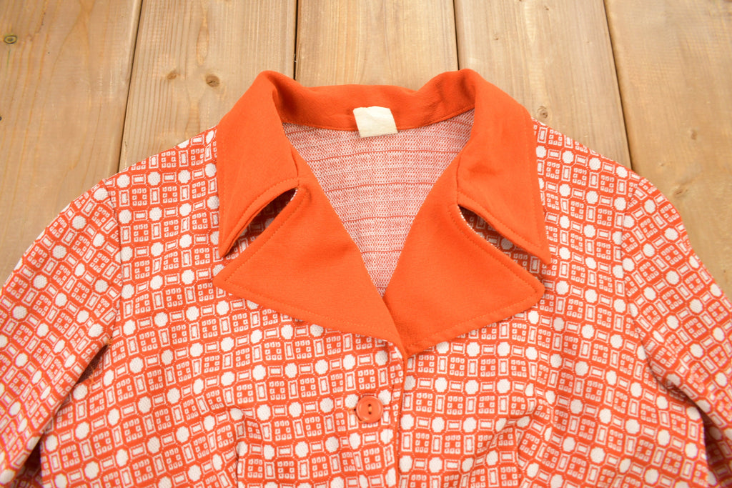 Vintage 1960s Orange Geo Metric Pattern Button Up Overcoat