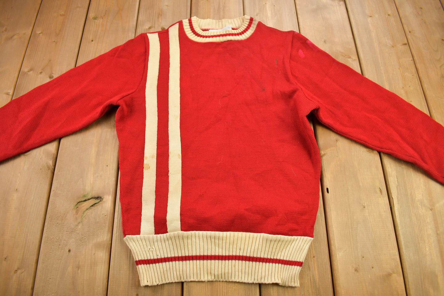 Vintage 1960s Barry Collegiate Knitted Crewneck Sweater / Patchwork / Embroidered / True Vintage / Made In USA