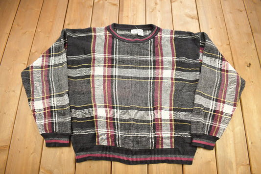 Vintage 1990s Whitefish Bay Plaid Knitted Crewneck Sweater / Vintage 90s Crewneck / All Over Pattern / Colourful Sweatshirt