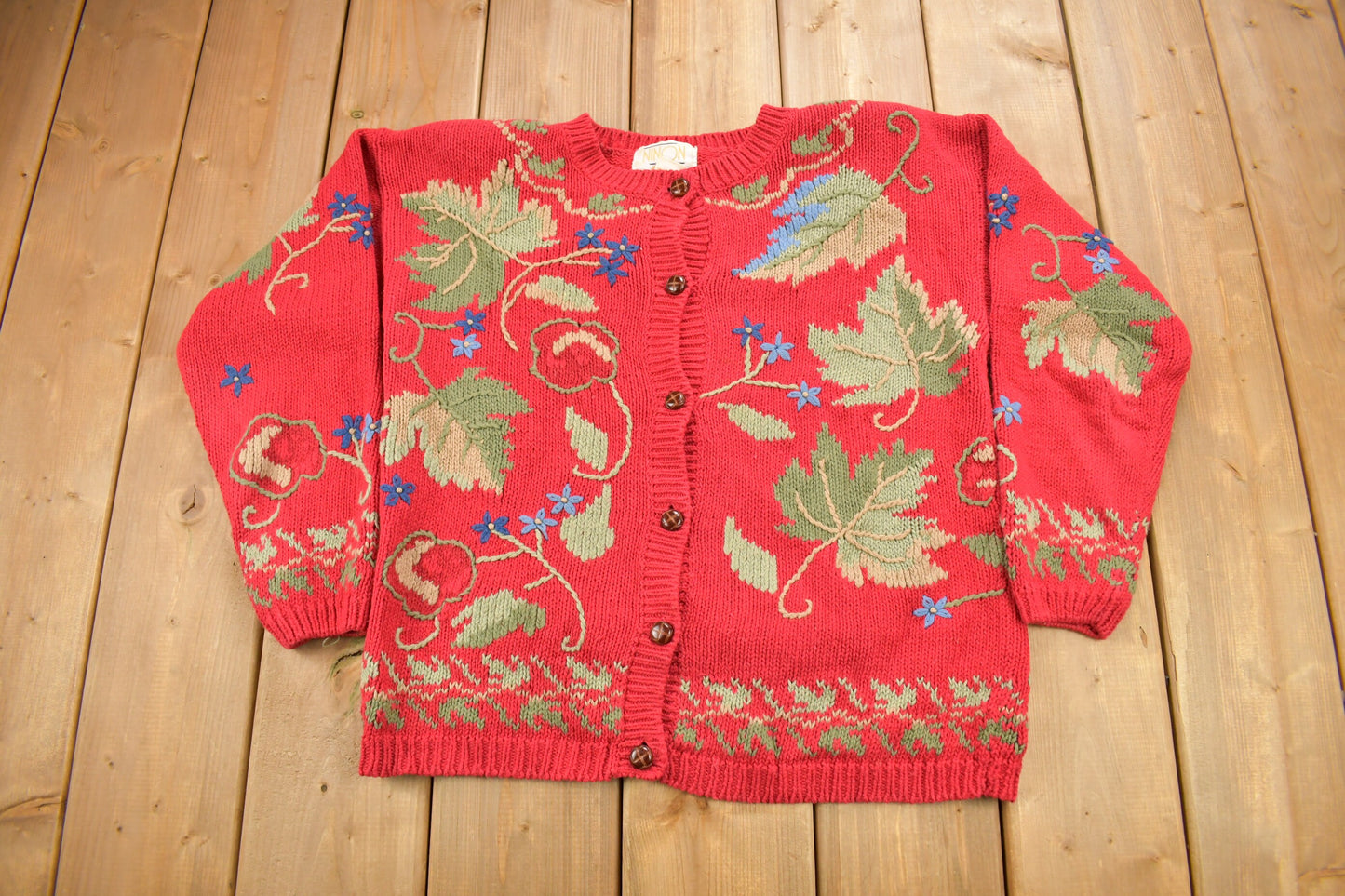 Vintage 1990s Red Floral Theme Embroidered Knit Cardigan Sweater / Fall Sweater / Patchwork / Ninon