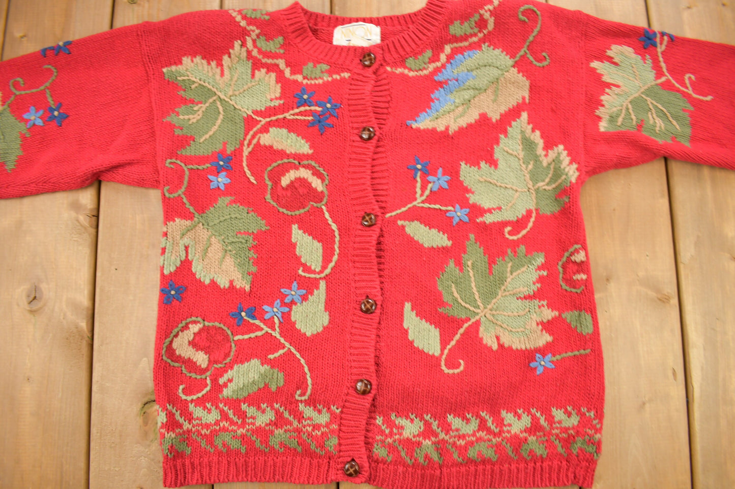 Vintage 1990s Red Floral Theme Embroidered Knit Cardigan Sweater / Fall Sweater / Patchwork / Ninon