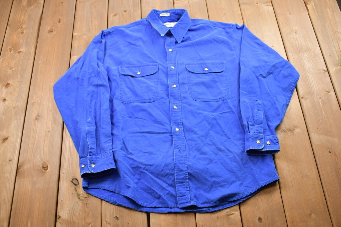 Vintage 1990s St Johns Bay Blank Blue Button Up Shirt / 1990s Button Up / Vintage Flannel / Basic Button Up / Chamois Cloth Button Up