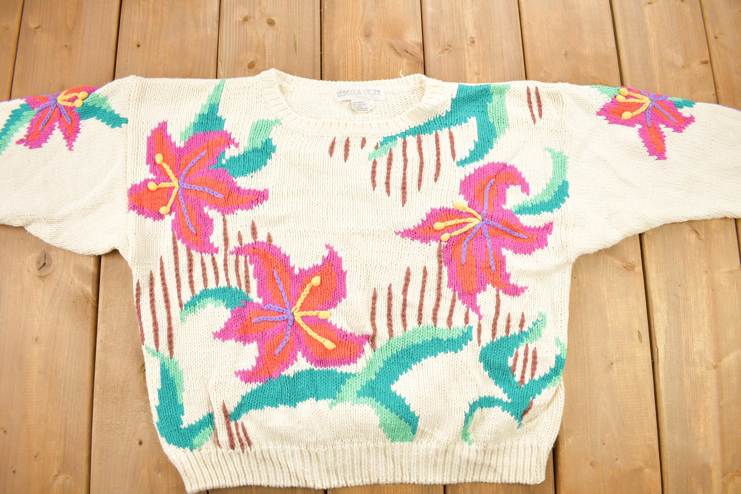 Vintage 1990s Rebecca Stone Floral Embroidered Knitted Sweater / Vintage 90s Crewneck / Pullover Sweatshirt / Women&#39;s Sweater