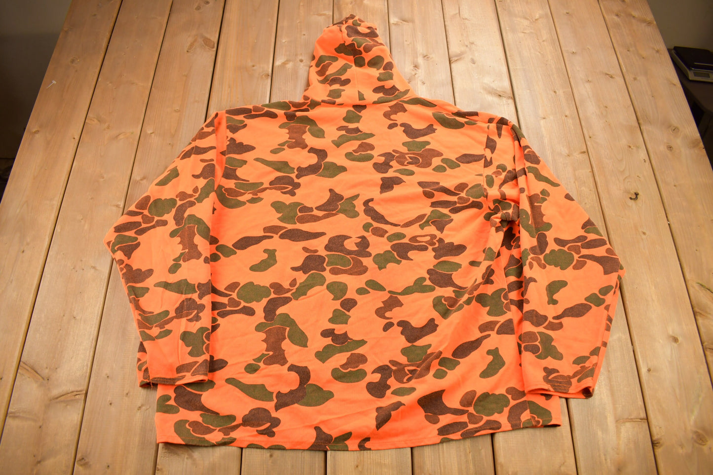 Vintage 1990s Moleskins Orange Camo Graphic Hoodie / 90s Hoodie / Vintage Sweater / Made IN USA / Outdoorsman