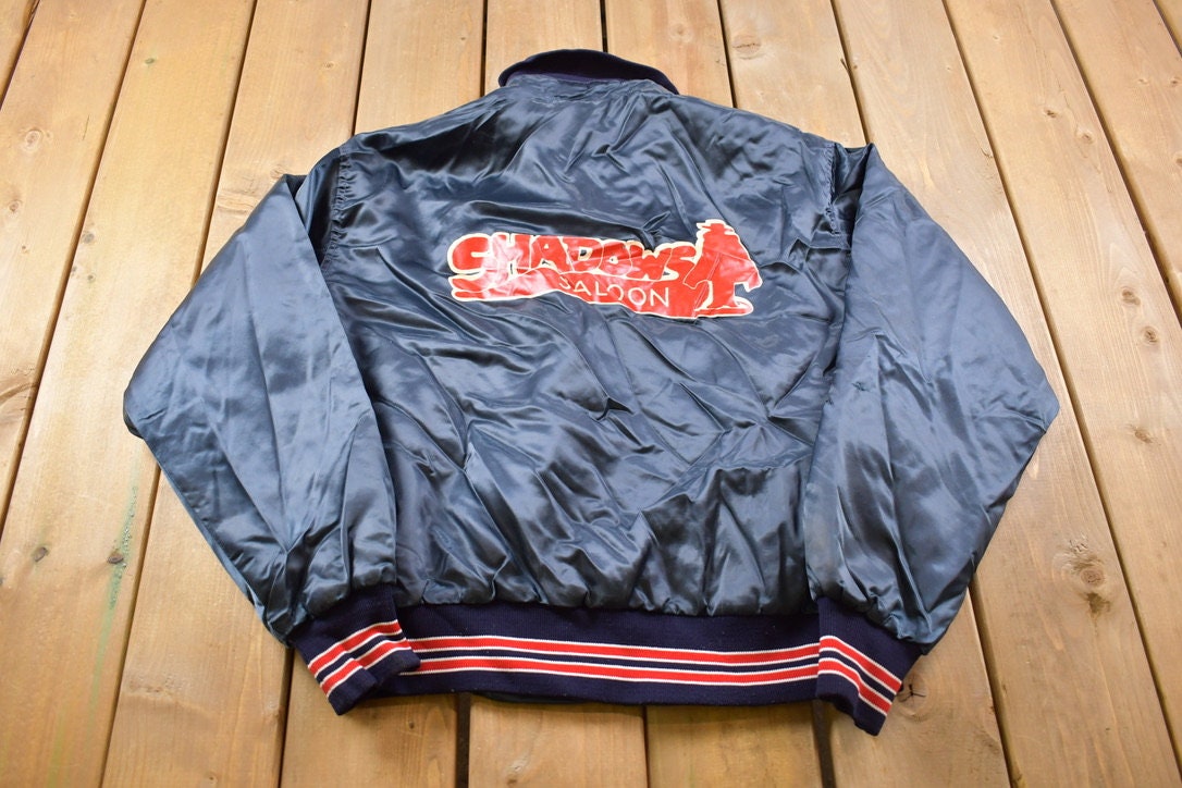 Vintage 1990s West Wind  Shadows Saloon Jumpin Jim Satin Bomber Jacket / Snap Button / Streetwear / Fall Outerwear / Embroidered