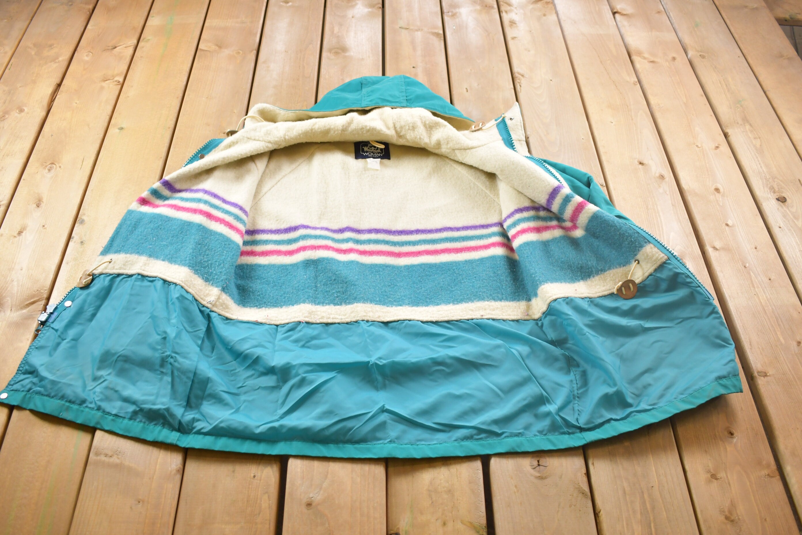 Vintage 1980s Woolrich Womens Blanket Lined Hooded Jacket