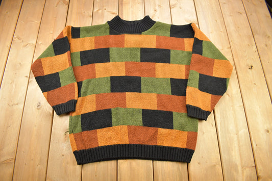 Vintage 1980s Clifton Place Color Block Knit Sweater / Vintage Crewneck / Patchwork / Fall Knit / Made In USA