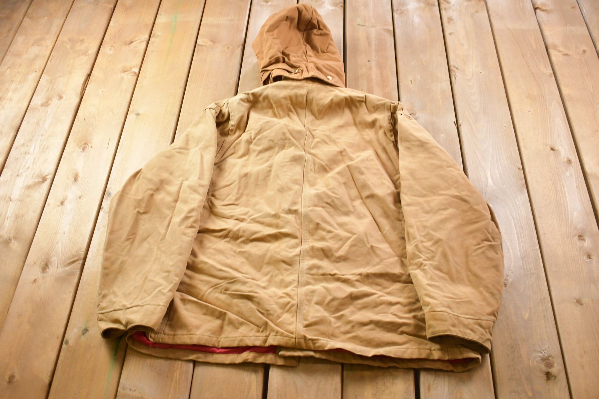 Vintage 1989 Carhartt 100 Years Red Quilt Lined Traditional Coat With Snap On Hood