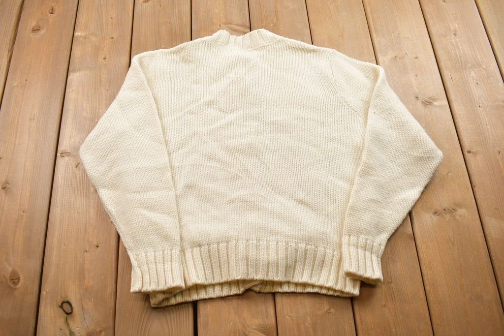 Vintage 1990s 3D Beige Cable Knit Button Up Crewneck Sweater