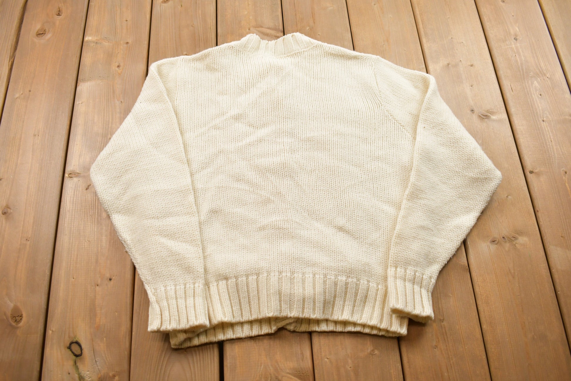 Vintage 1990s 3D Beige Cable Knit Button Up Crewneck Sweater