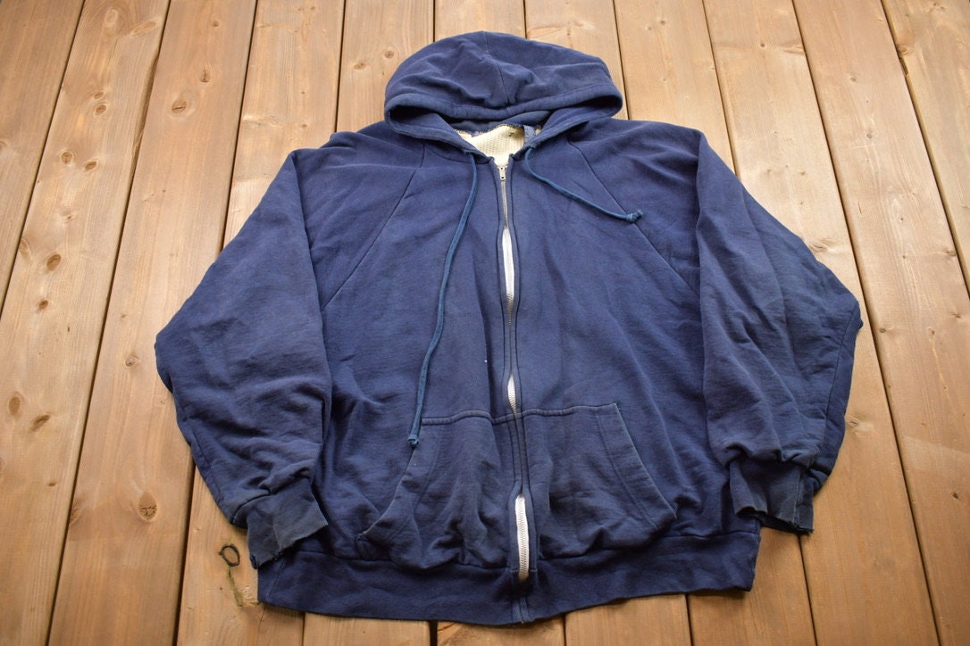 Vintage 1990s Blank Navy Blue Zip Up Hoodie / 90s Hoodie / Made In USA / Essential / Streetwear / 90s Blank / Blank Zip Up Hoodie