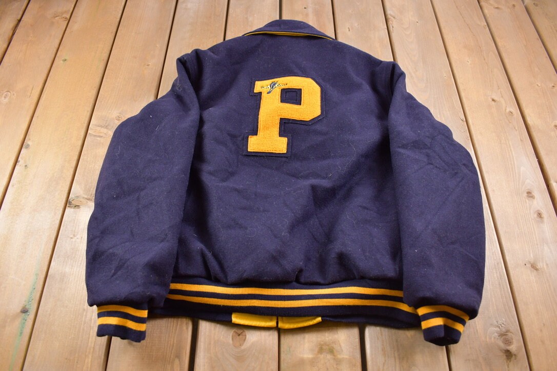 Vintage 1990s Dala Sport Chenille Blue & Yellow Reversible Varsity Jacket