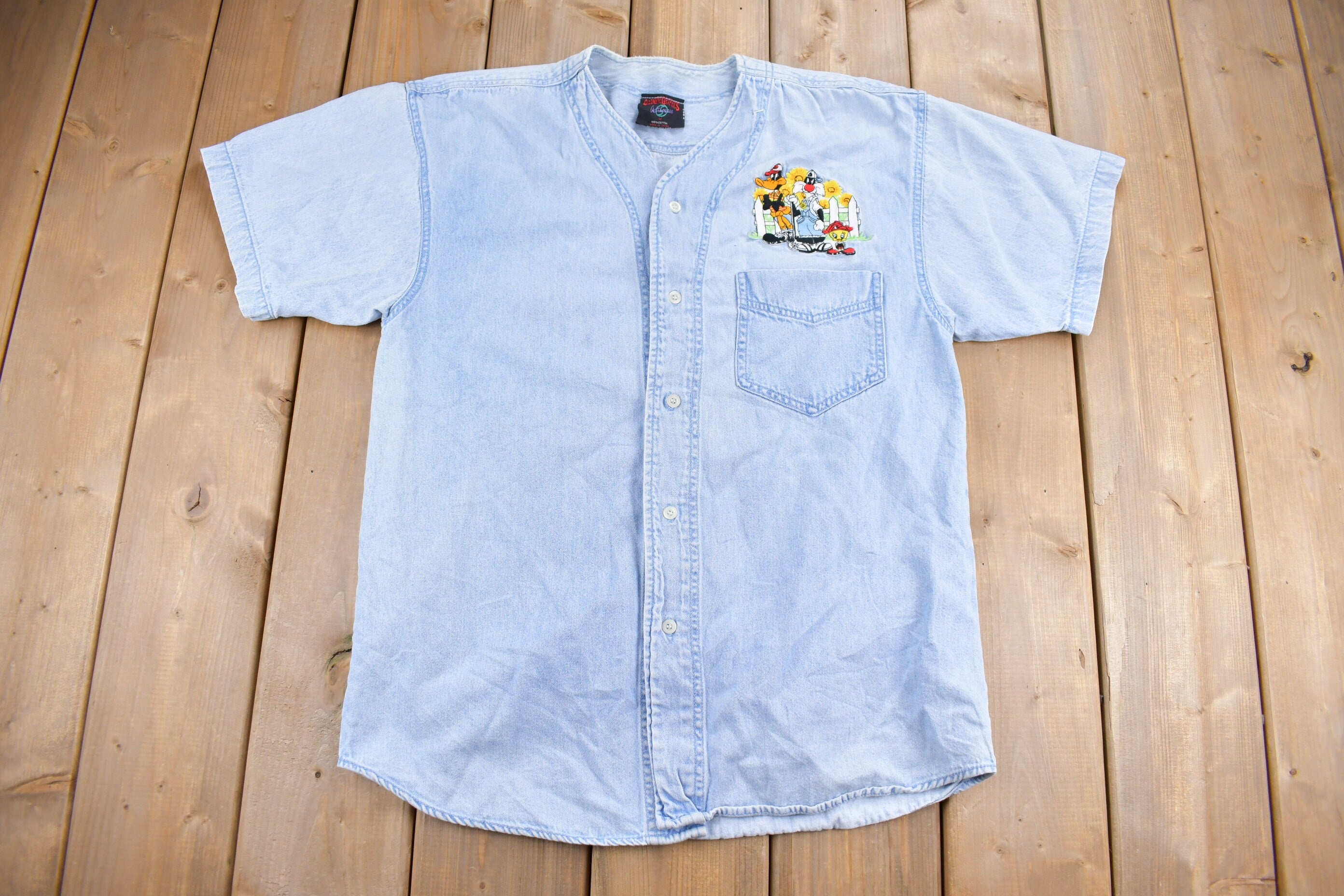 Vintage 1990s Looney Tunes Embroidered Button Up Denim Shirt