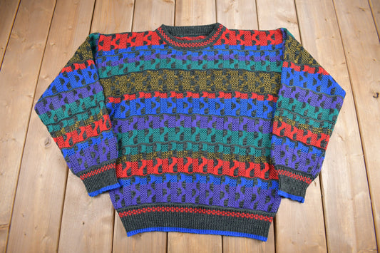 Vintage 1990s Color Block Knitted Crewneck Sweater / Vintage 90s Crewneck / All Over Pattern / Colorful Sweatshirt / Abstract Pattern