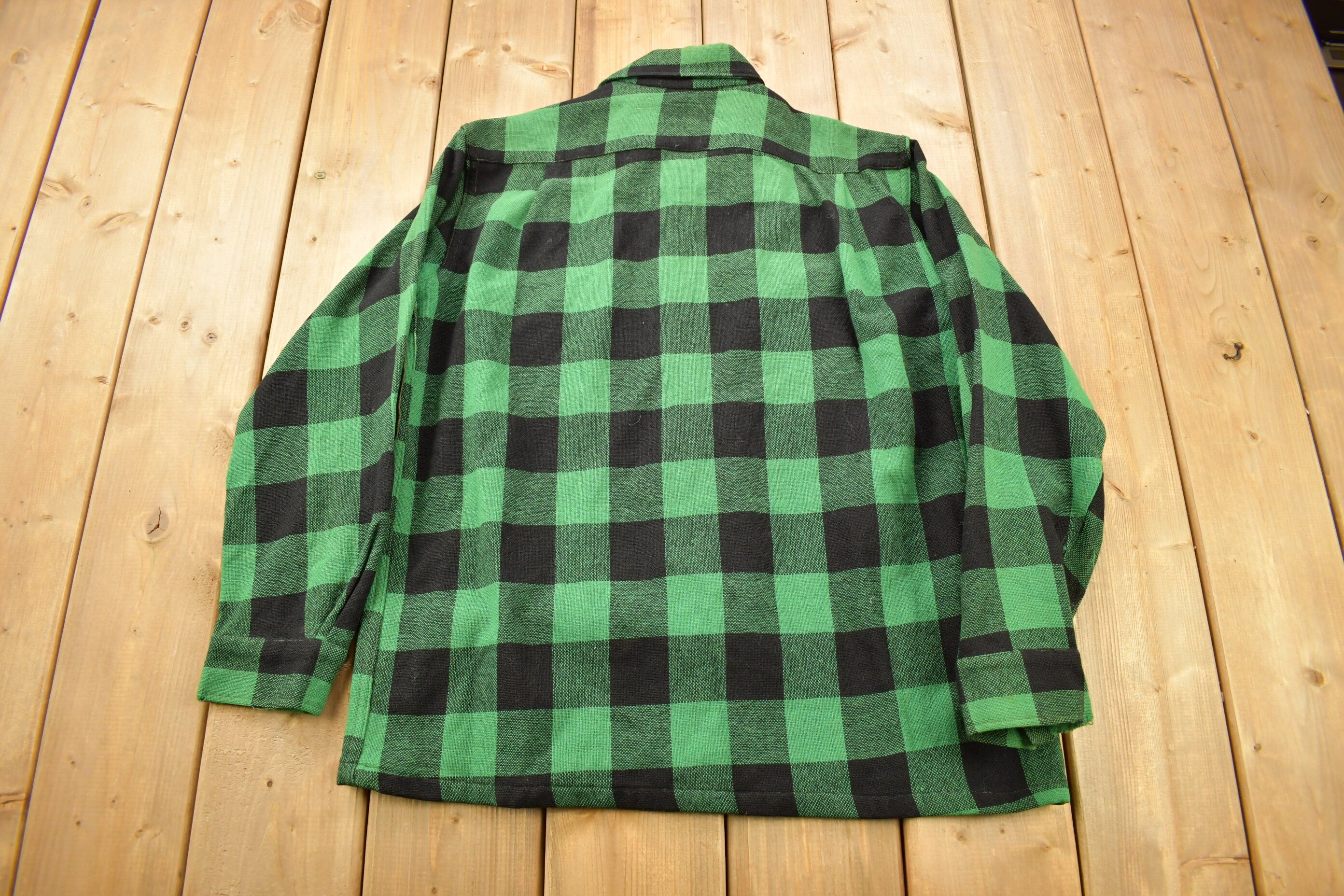 Vintage 1950s Aberdeen Green Buffalo Plaid Wool Button Up Shirt