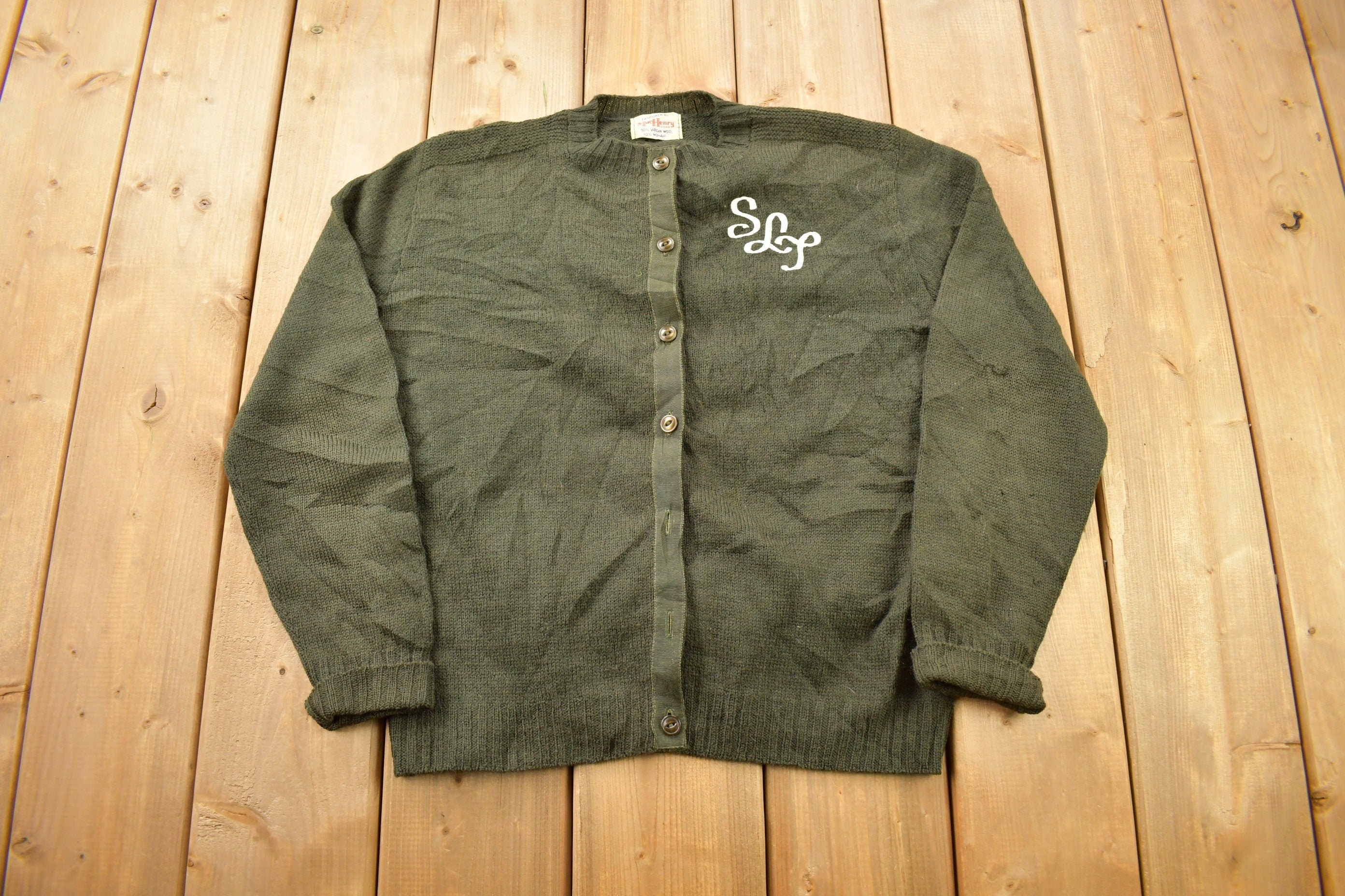 Vintage 1950s Mac Henry Corp Embroidered Collegiate Cardigan Sweater