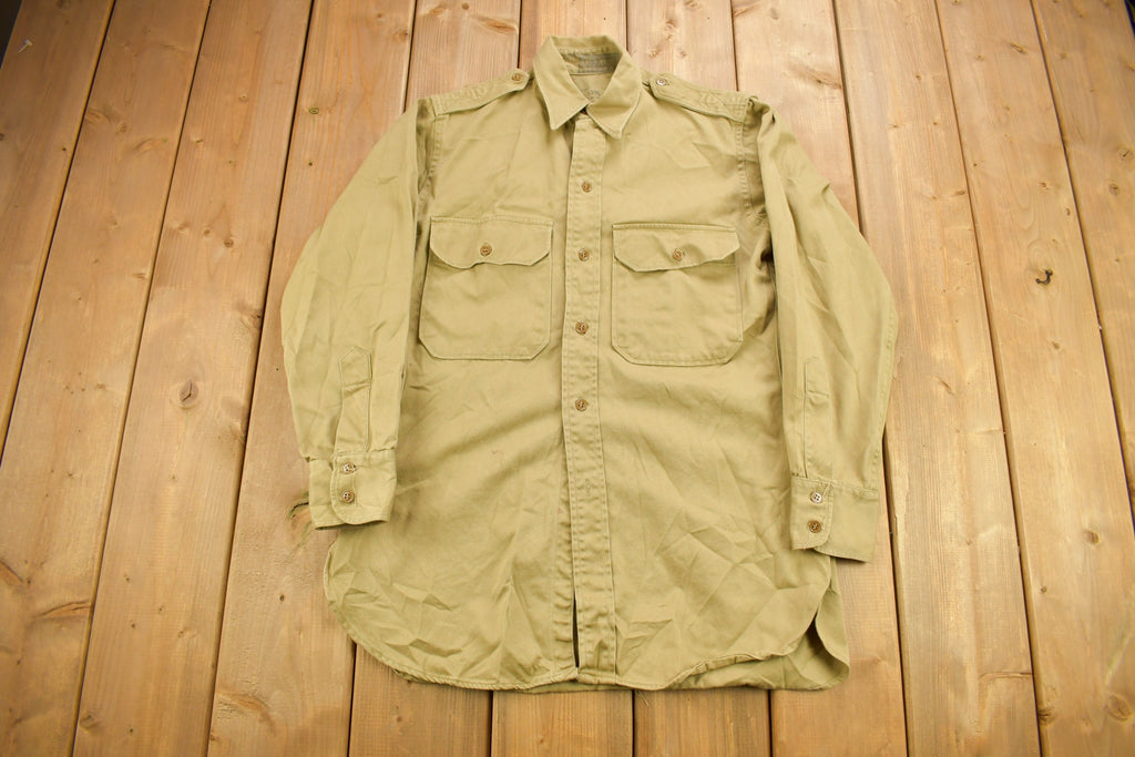 Vintage 1952 US Military Khaki-1 Stand-Up Collar Button Up Shirt