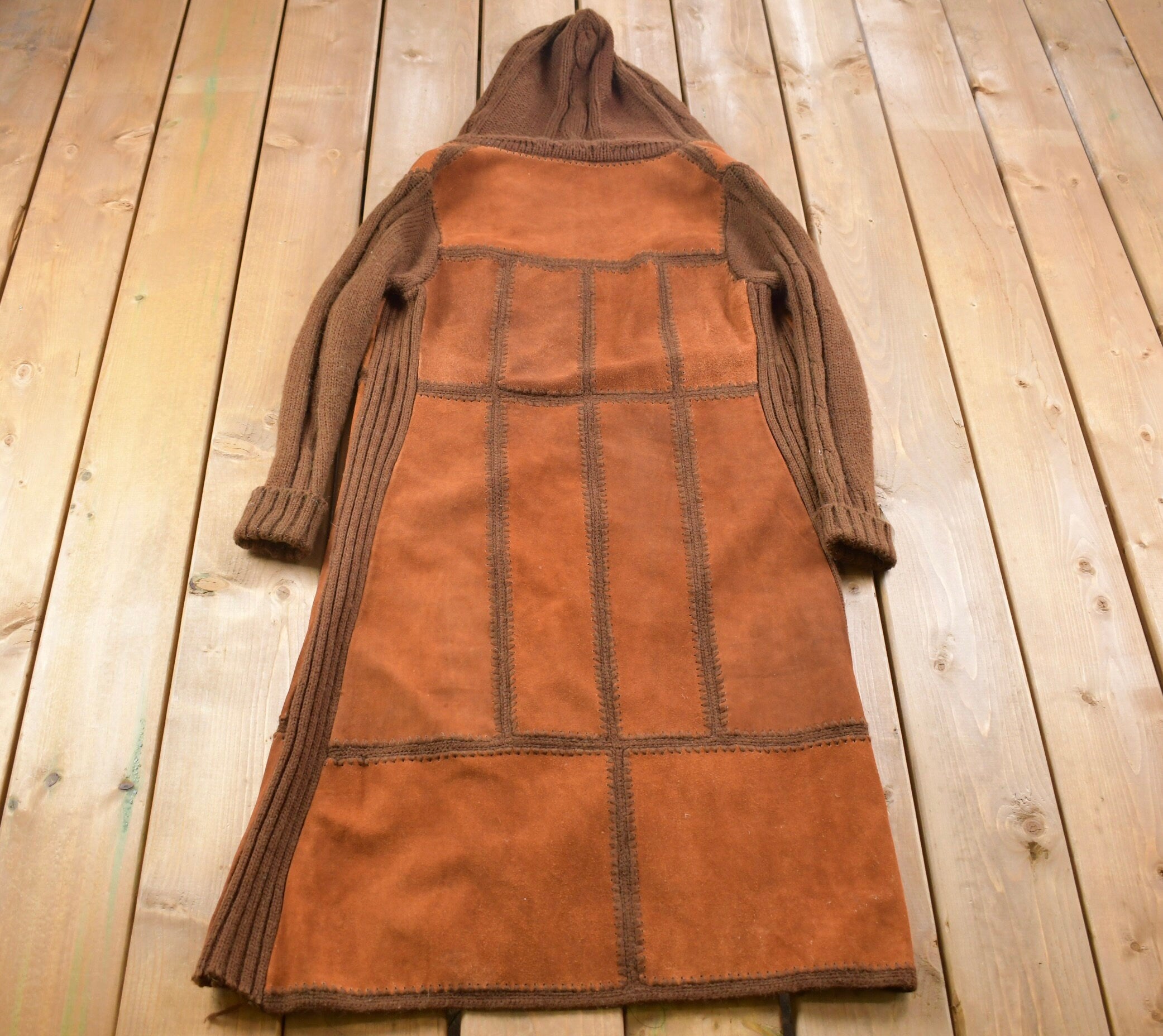 Vintage 1970s Weather Wise Crochet Knit Suede Full length Hooded Light Jacket