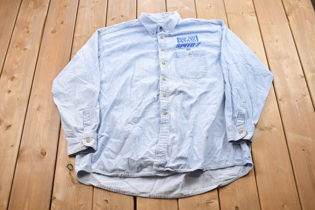 Vintage 1997 Speed 2 Box Seat Video Button Up Jean Shirt / 1990s Button Up / Vintage Jean Shirt / Speed 2 Button Up / 20th Century Fox