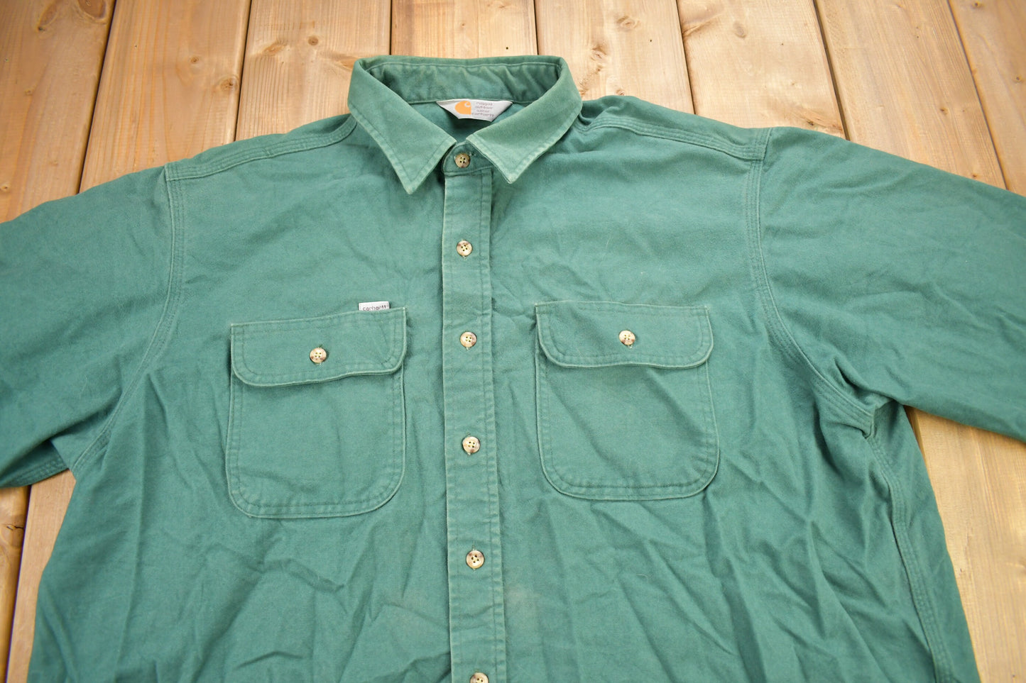 Vintage 1990s Carhartt Rugged Outdoor Wear Button Up Shirt / 1990s Button Up / Vintage Workwear / Sun Faded / Made In USA