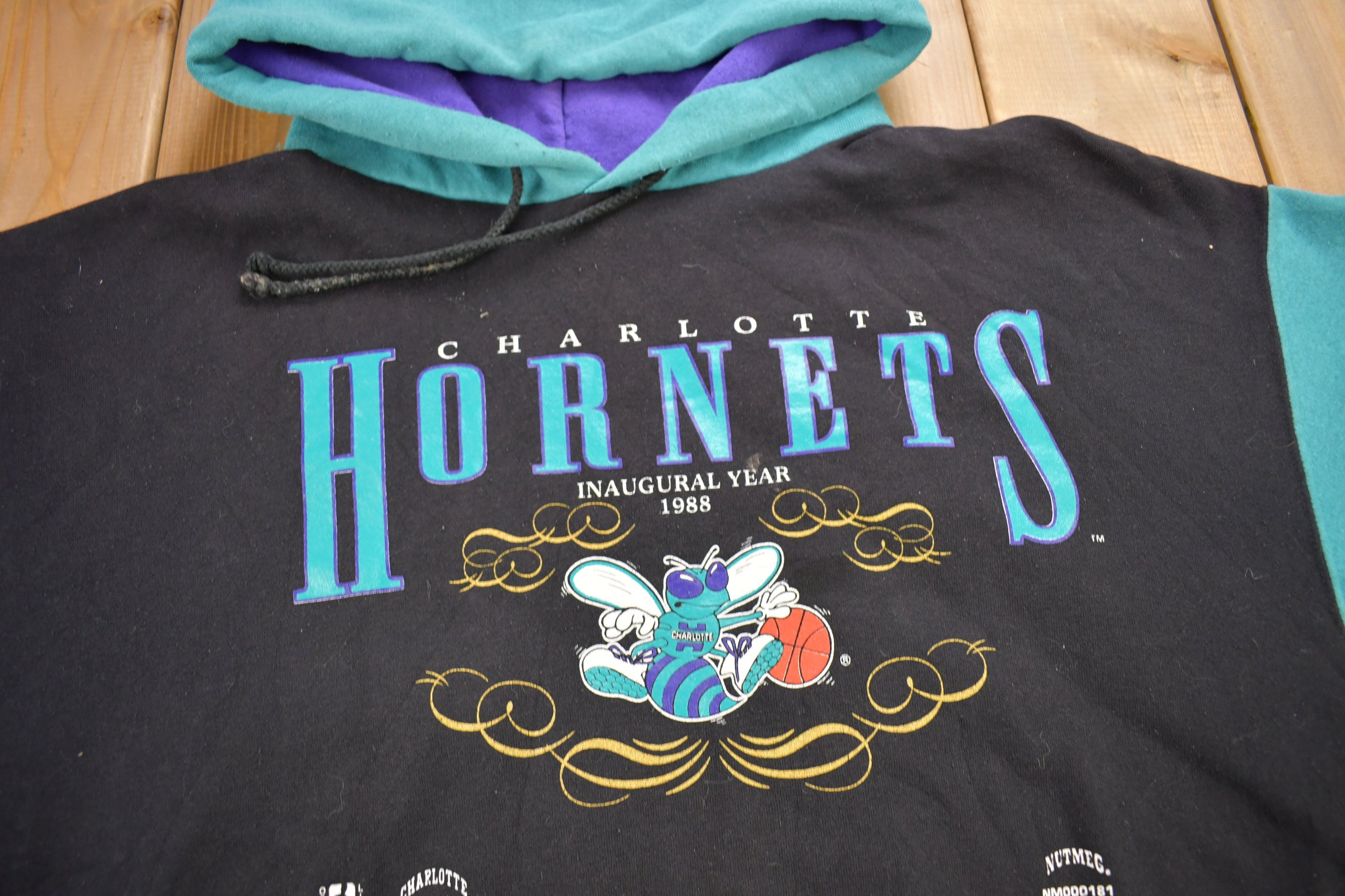 Vintage 1988 Charlotte Hornets NBA Hoodie Made In USA Inaugural Year Color Block Nutmeg Vintage Hornets