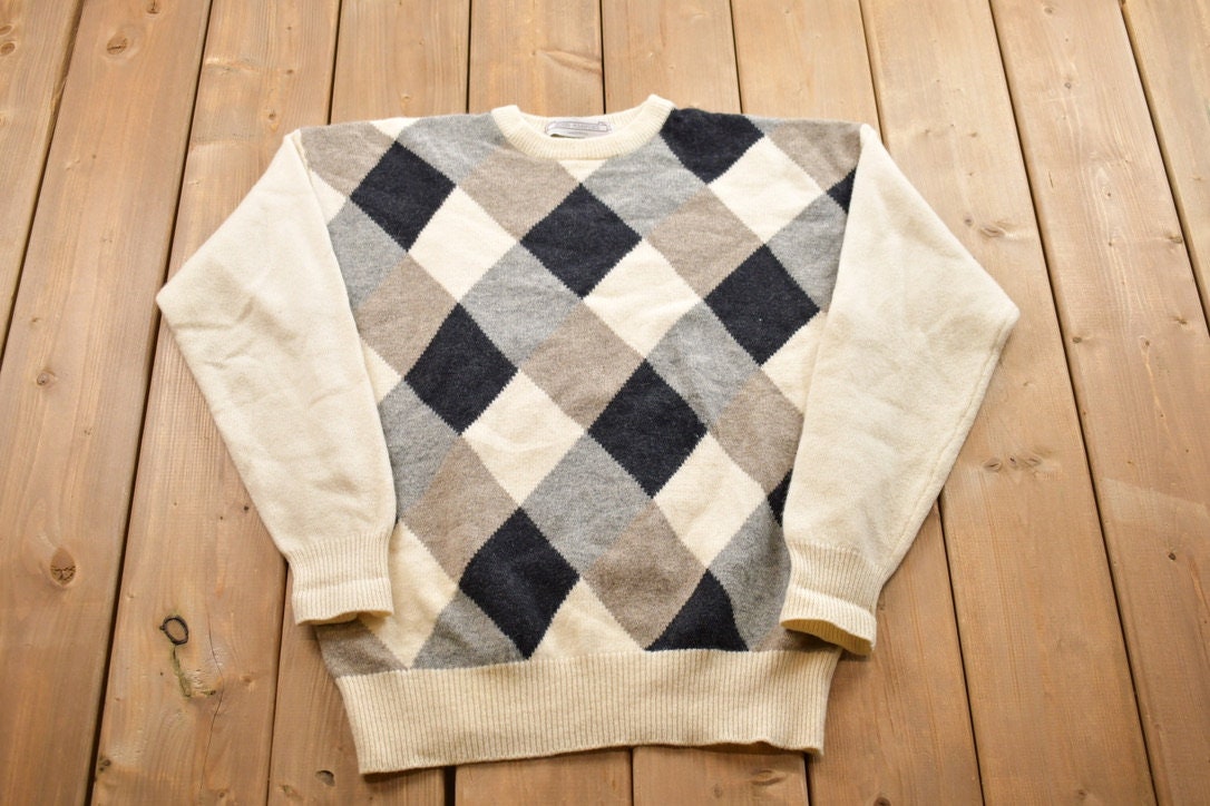 Vintage 1990s John Ashford Lambswool Argyle Crewneck Sweater / Vintage 90s Crewneck / All Over Pattern / Sweatshirt / Abstract Pattern