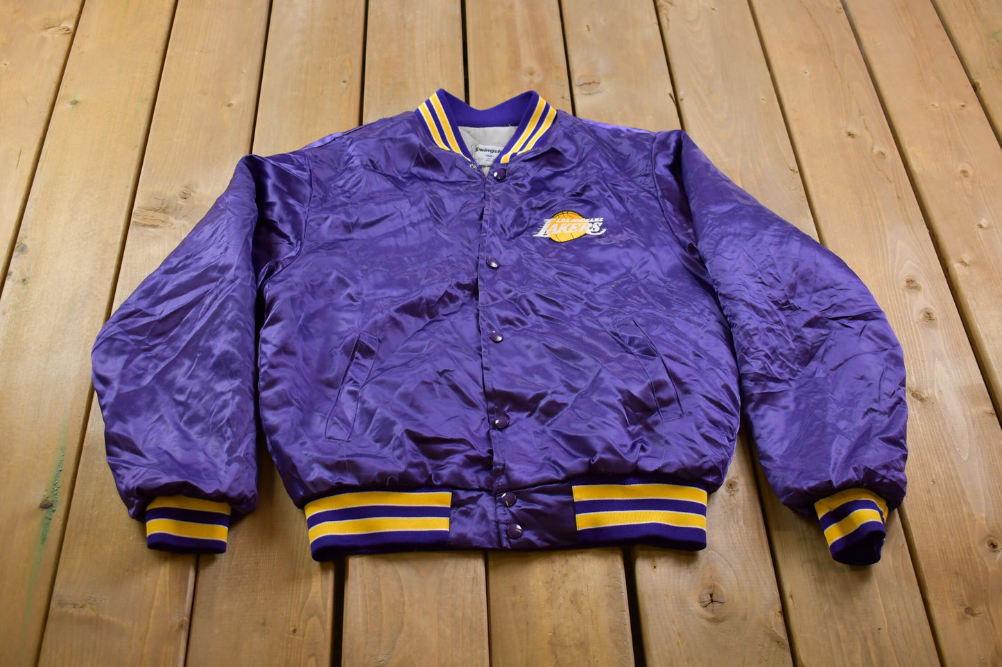 Vintage 1990s Lakers NBA Swingster Satin Bomber Jacket / Embroidered / Made In USA / Patchwork / Swingster Jacket / Snap Button