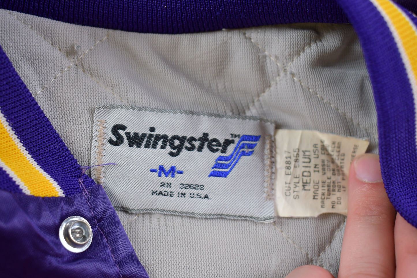 Vintage 1990s Lakers NBA Swingster Satin Bomber Jacket / Embroidered / Made In USA / Patchwork / Swingster Jacket / Snap Button