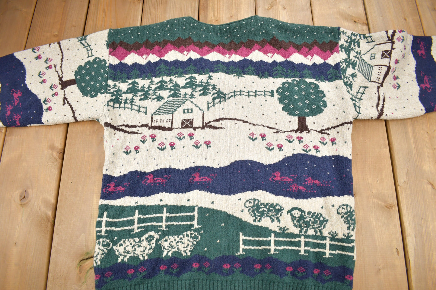 Vintage 1995 Farmhouse Theme Embroidered Knit Cardigan Sweater / Fall Sweater / Patchwork / Hand Knit