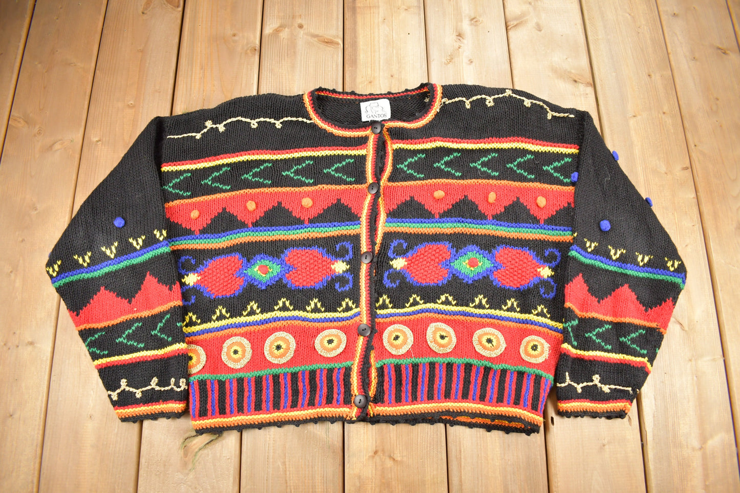 Vintage 1990s Gantos Button Up Knit Sweater / Vintage Cardigan / Pattern Sweater / Abstract Sweater