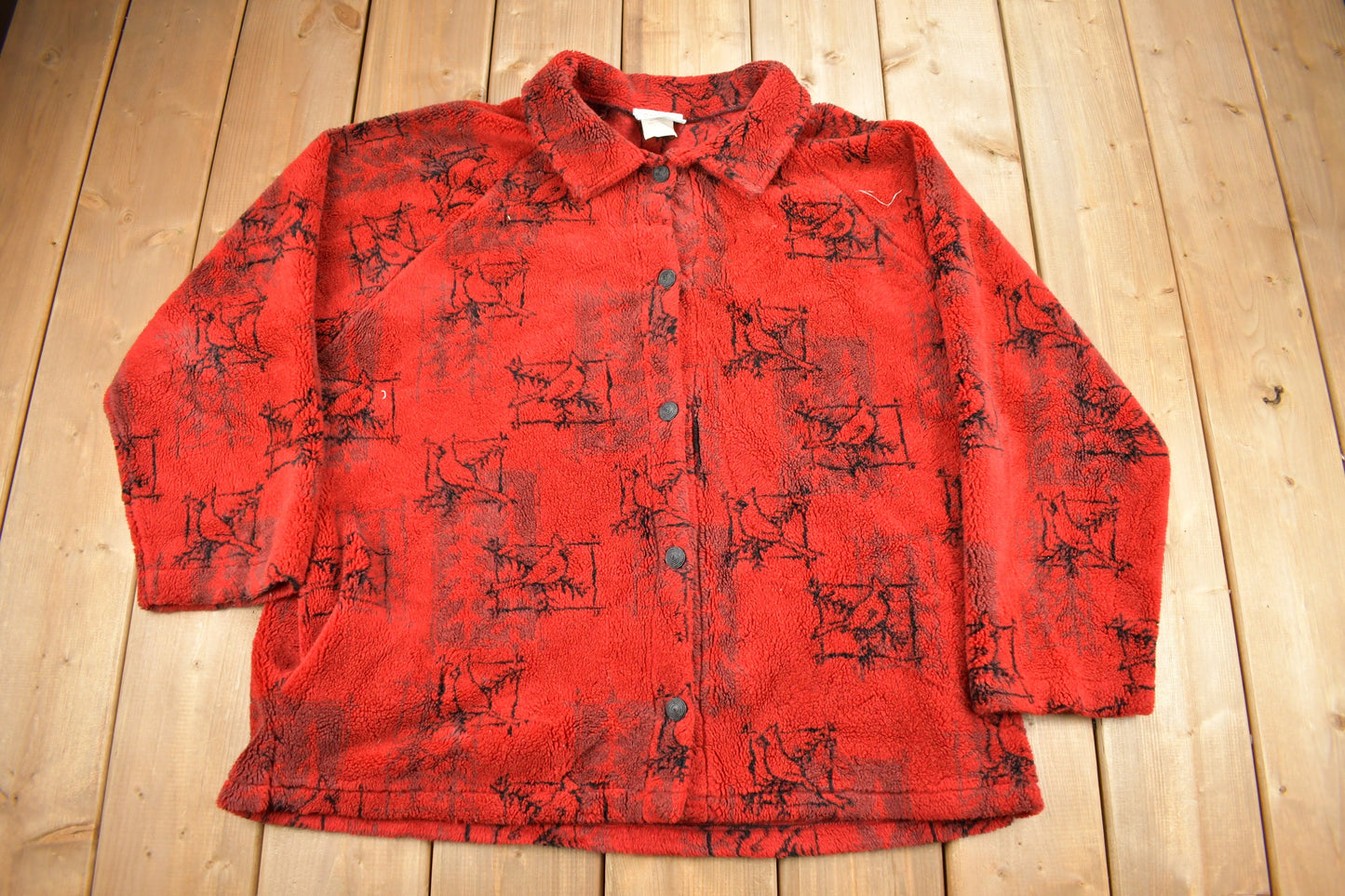 Vintage 1990s Red Cardinal Theme Fleece Sweater / Outdoorsman / 90s Sweater / Streetwear / Hiking / Fleece Button Up