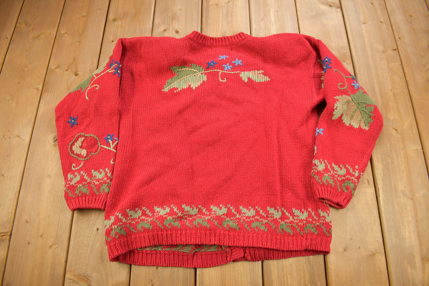 Vintage 1990s Red Floral Theme Embroidered Knit Cardigan Sweater / Fall Sweater / Patchwork / Ninon