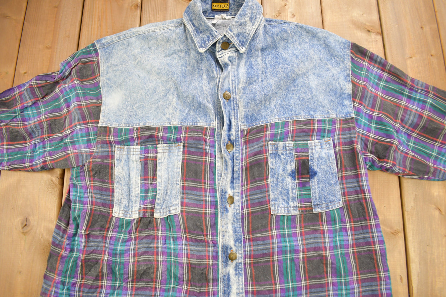 Vintage 1990s Skidz Denim Plaid Flannel Button Up Shirt / 1990s Button Up / Vintage Flannel / Plaid Shirt / Made In USA