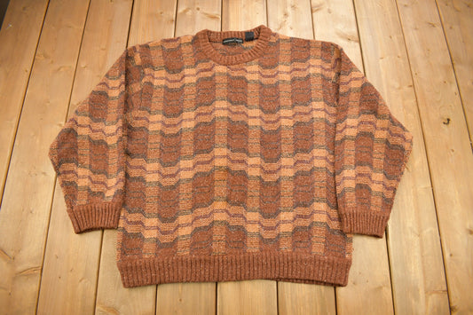 Vintage 1990s Geoffrey Beene Knitted Crewneck Sweater / Vintage 90s Crewneck / All Over Pattern / Colorful Sweatshirt / Burnt Orange