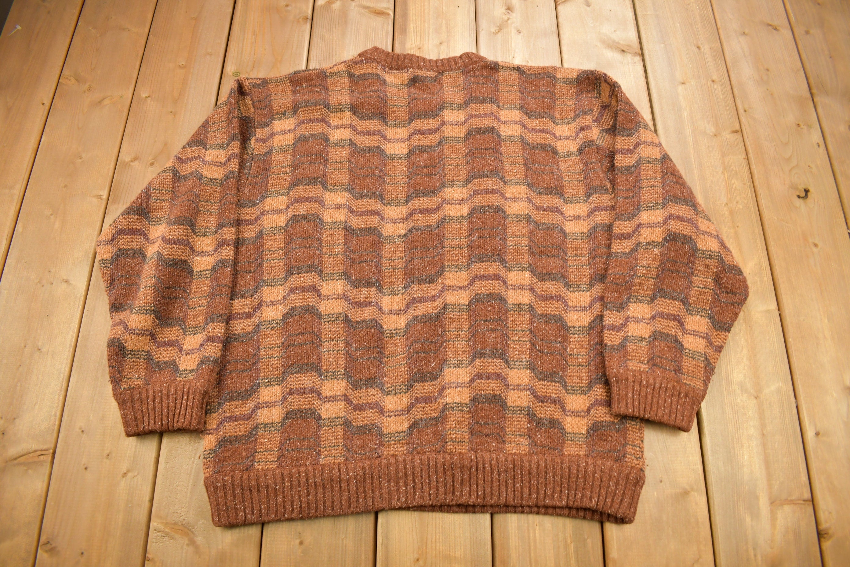 Vintage 1990s Geoffrey Beene Knitted Crewneck Sweater / Vintage 90s  Crewneck / All Over Pattern / Colorful Sweatshirt / Burnt Orange