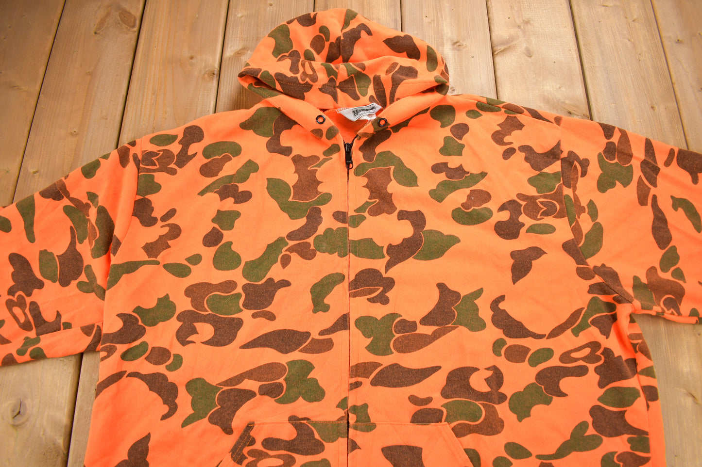 Vintage 1990s Moleskins Orange Camo Graphic Hoodie / 90s Hoodie / Vintage Sweater / Made IN USA / Outdoorsman