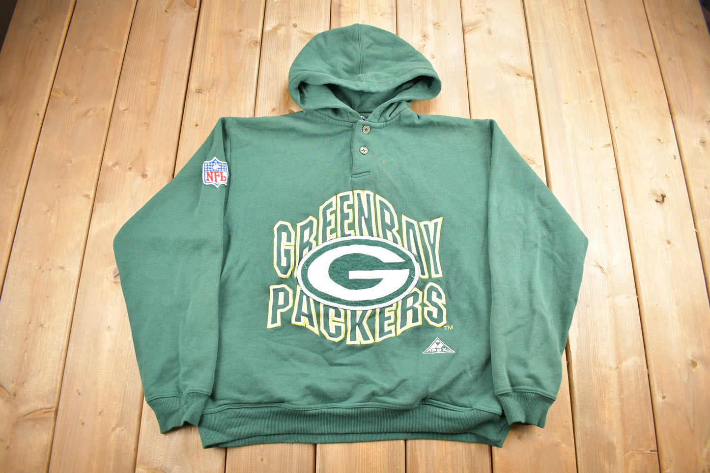 Vintage 1980s Green Bay Packers NFL Apex One Hoodie / American Football / Henley Hoodie / Embroidered / NFL Pro Line