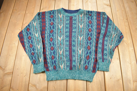 Vintage 1990s JJ Cochran Abstract Pattern Knit Crewneck Sweater / All Over Pattern / Colorful Sweatshirt / Made In USA