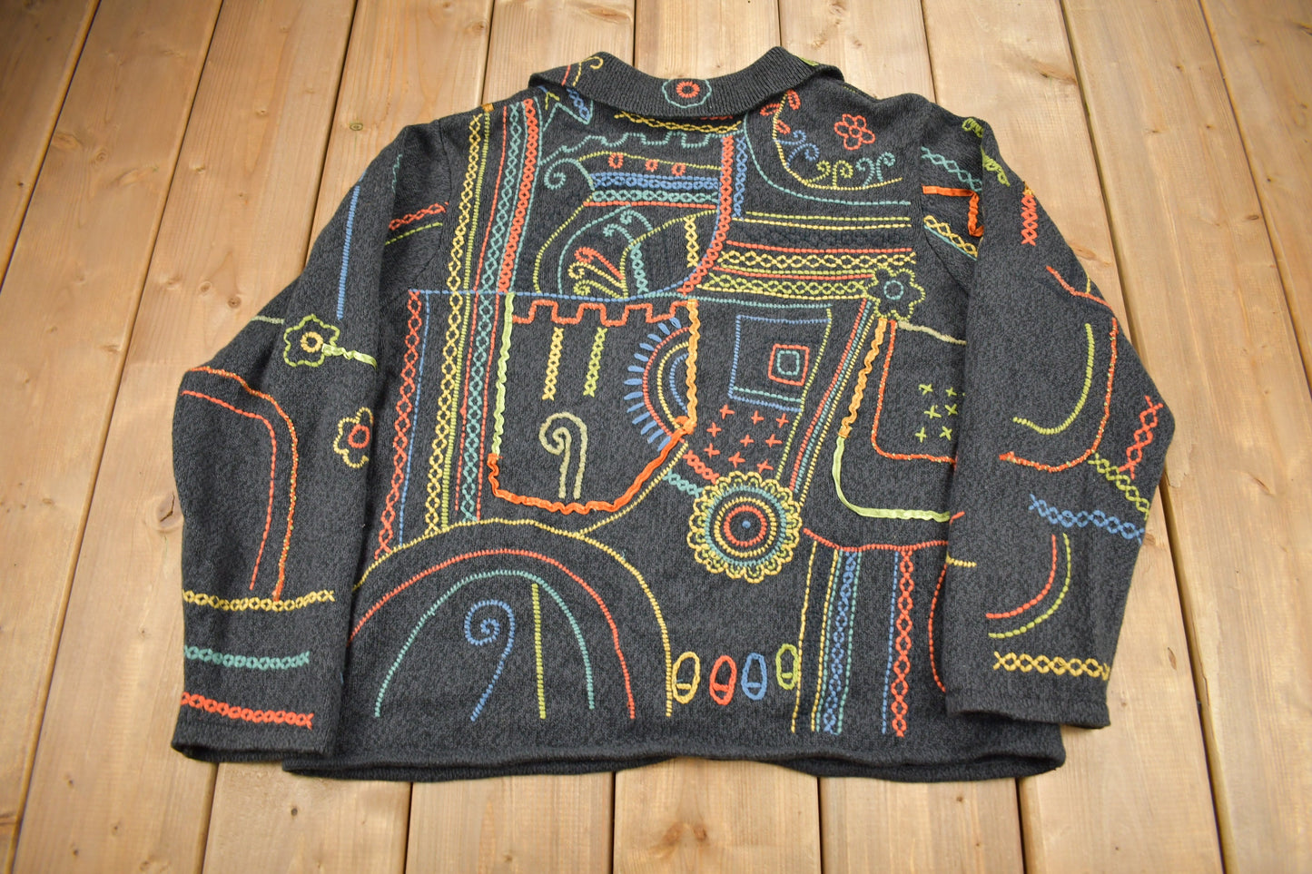 Vintage 1990s Chico's Embroidery Cardigan Sweater / Vintage Cardigan / Button Up / Patchwork / Embroidered / Abstract Design