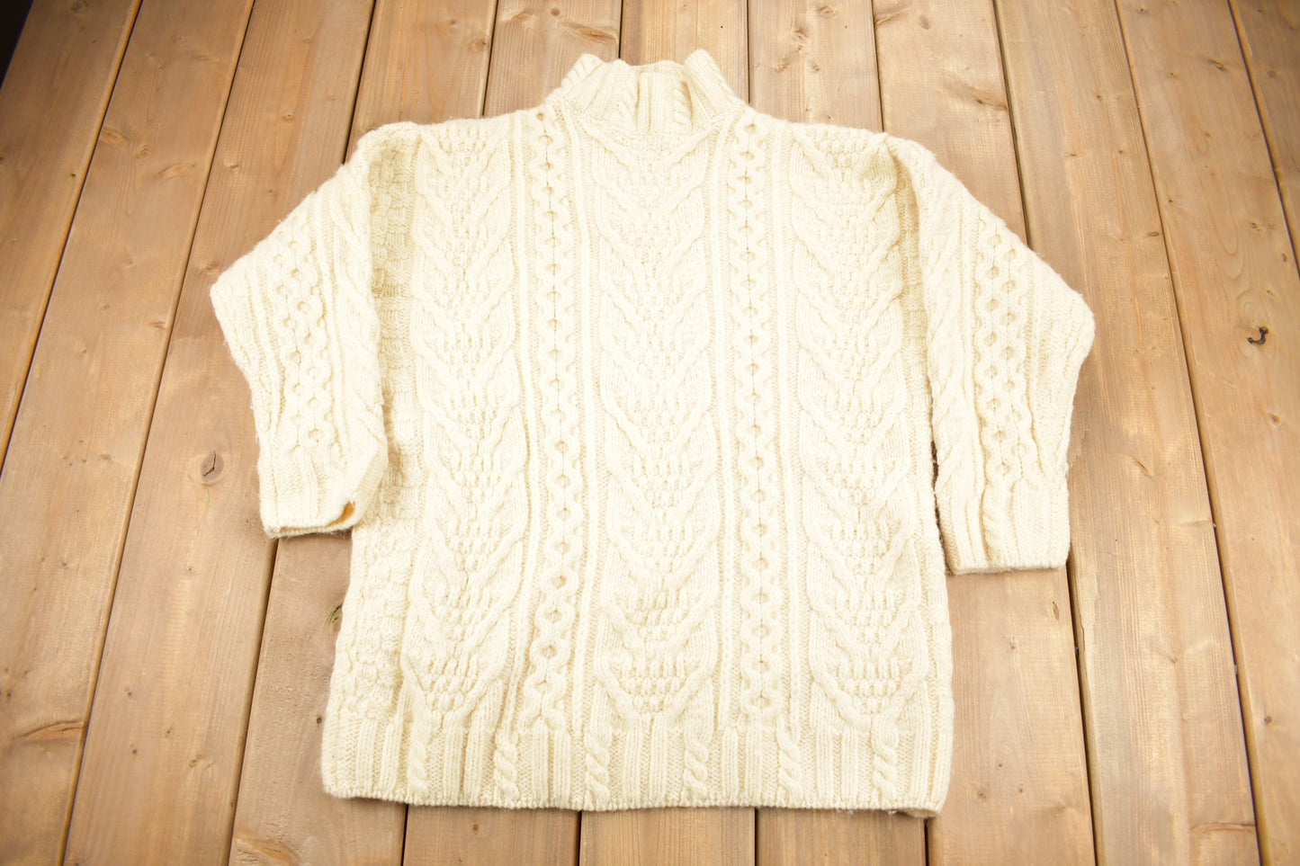 Vintage 1990s Aran Crafts 100% Merino Wool 3D Cable Knit Sweater / Made In Ireland / Vintage Turtleneck  / Abstract Knit Crewneck